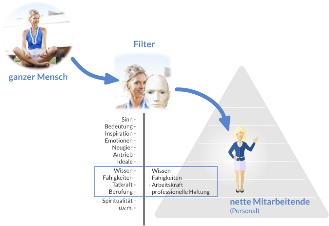 nette Mitarbeitende (Personal) - Wissen - Fähigkeiten - Arbeitskraft - professionelle Haltung Sinn - Bedeutung - Inspiration -  Emotionen - Neugier - Antrieb - Ideale - Wissen - Fähigkeiten - Tatkraft - Berufung - Spiritualität - u.v.m. - Filter ganzer Mensch